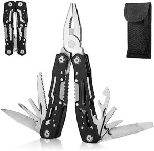 Fold in half multitool with 14 different attachments centered on a main plier.