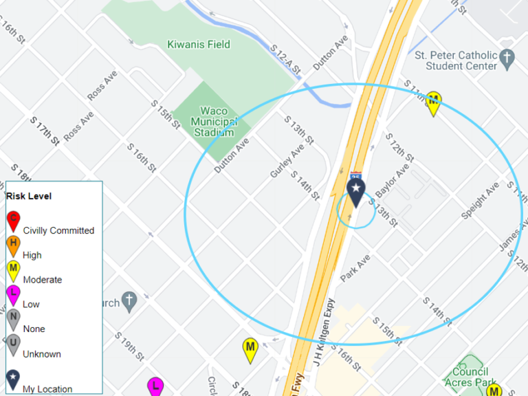 Sex Offender Map showing offenders in a circular radius centered around a pin point.